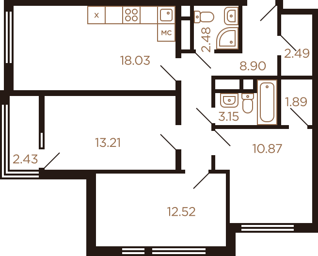 Трёхкомнатная квартира 75.97 м²