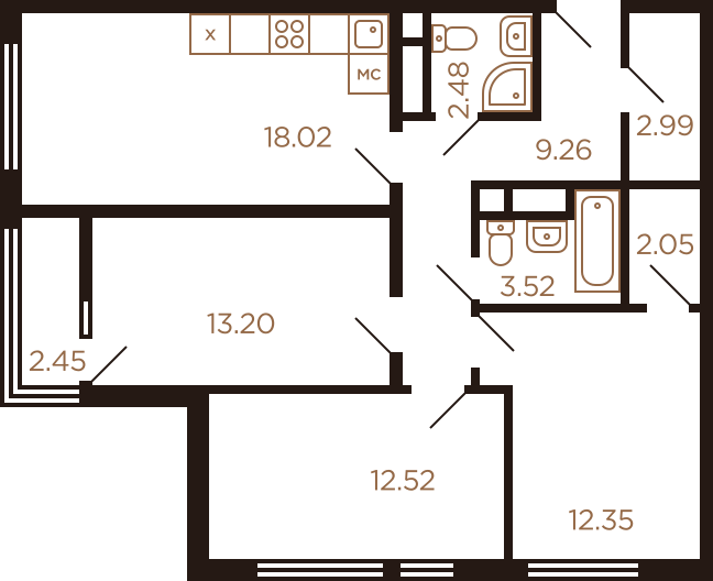 Трёхкомнатная квартира 78.84 м²