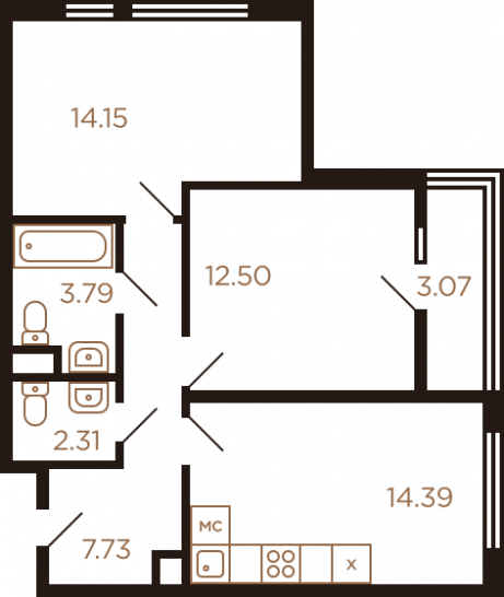 Двухкомнатная квартира 57.94 м²