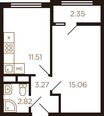 Однокомнатная квартира 35.01 м²