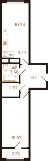 Двухкомнатная квартира 48.75 м²