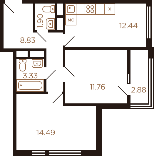 Двухкомнатная квартира 55.63 м²