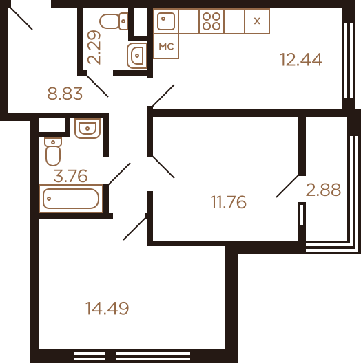 Двухкомнатная квартира 56.45 м²