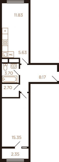 Двухкомнатная квартира 49.73 м²