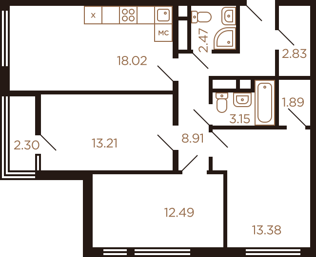 Трёхкомнатная квартира 78.65 м²