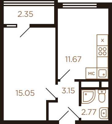 Однокомнатная квартира 35.01 м²