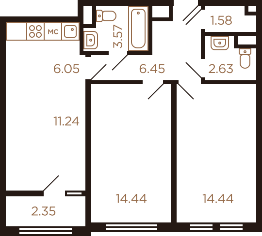 Трёхкомнатная квартира 62.75 м²